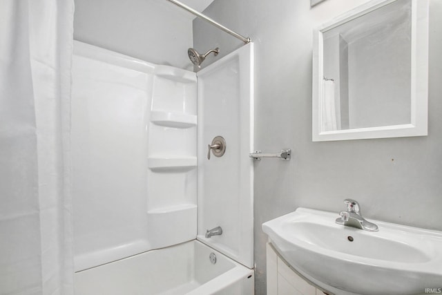 bathroom with vanity and shower / bathtub combination with curtain