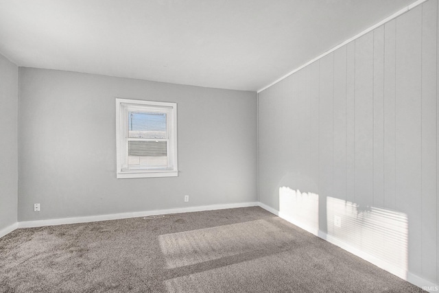 empty room with carpet floors and wooden walls