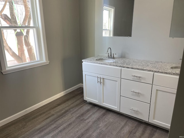 bathroom with vanity and hardwood / wood-style flooring