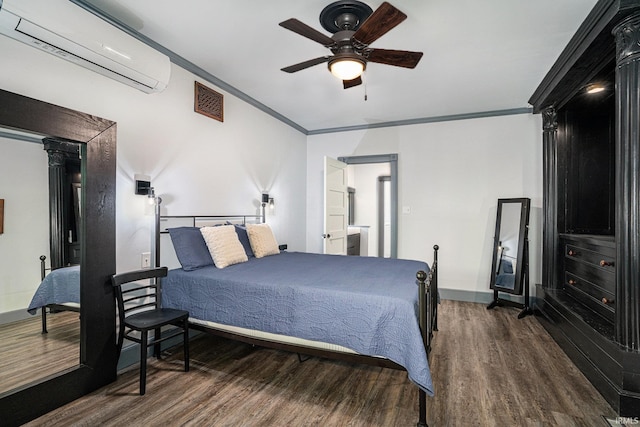 bedroom featuring ceiling fan, dark hardwood / wood-style flooring, ornamental molding, and a wall mounted air conditioner