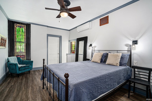 bedroom with dark wood-type flooring, ceiling fan, crown molding, and a wall mounted air conditioner