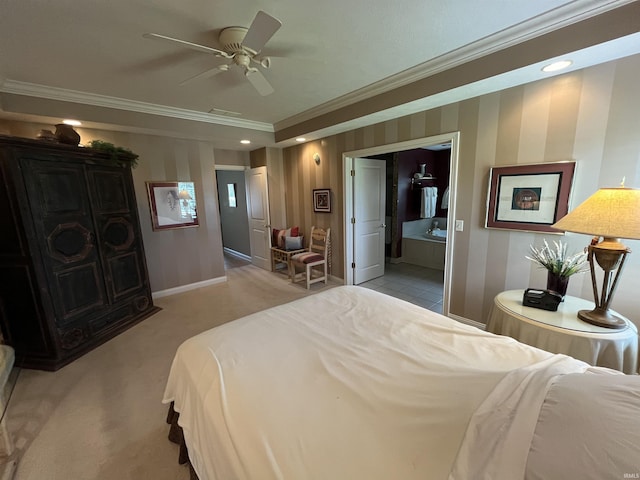 bedroom with ensuite bathroom, ceiling fan, ornamental molding, and light colored carpet