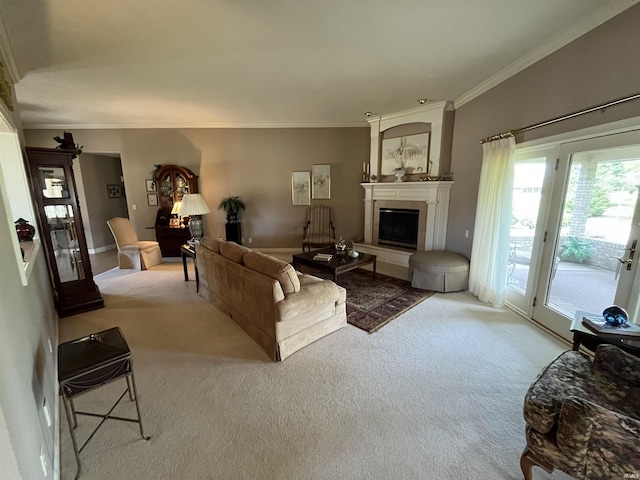 carpeted living room with ornamental molding