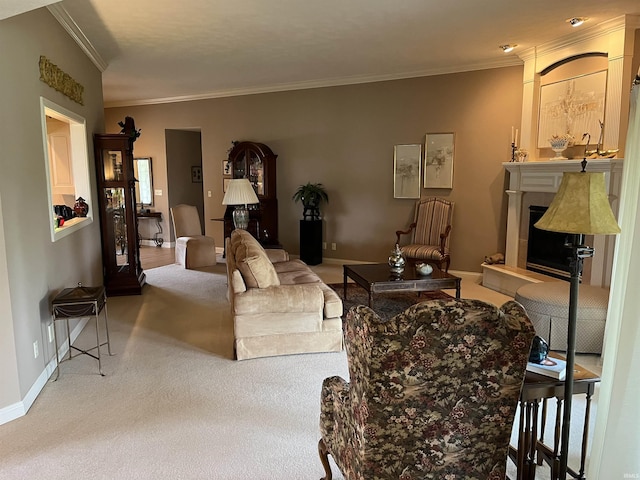 living room with ornamental molding and carpet flooring