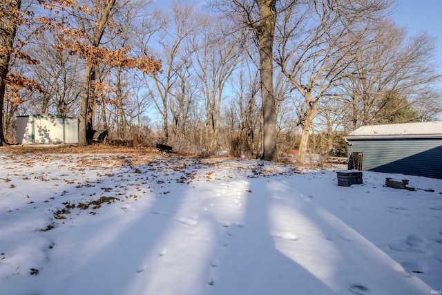 yard layered in snow featuring a storage unit