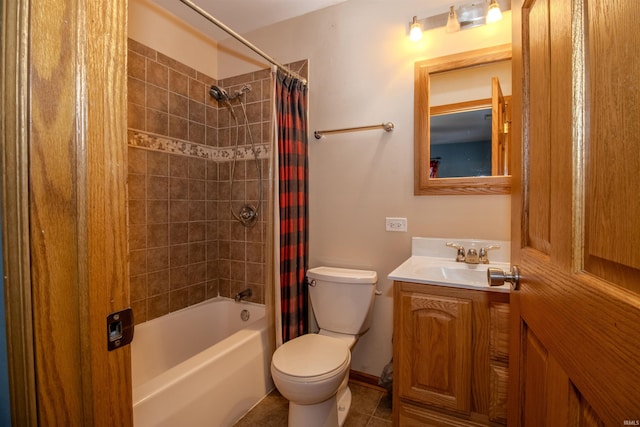 full bathroom featuring toilet, vanity, tile patterned flooring, and shower / tub combo with curtain