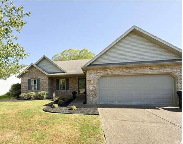 ranch-style home with a garage and a front lawn