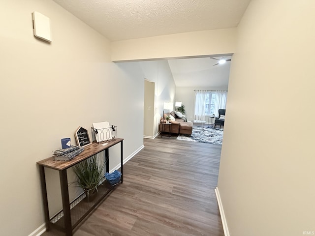 hall featuring a textured ceiling, lofted ceiling, and hardwood / wood-style flooring