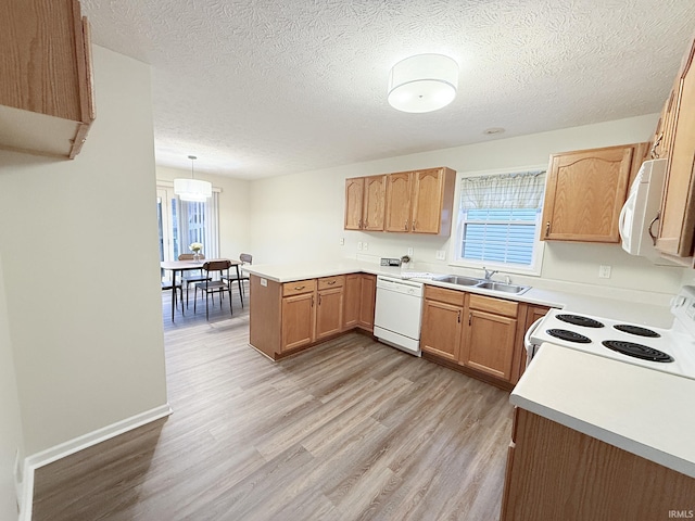 kitchen with pendant lighting, white appliances, light hardwood / wood-style floors, sink, and kitchen peninsula