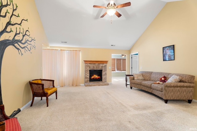 living room featuring ceiling fan, carpet, high vaulted ceiling, and a fireplace