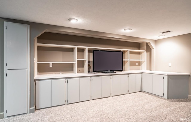 kitchen with white cabinets, light colored carpet, and a textured ceiling