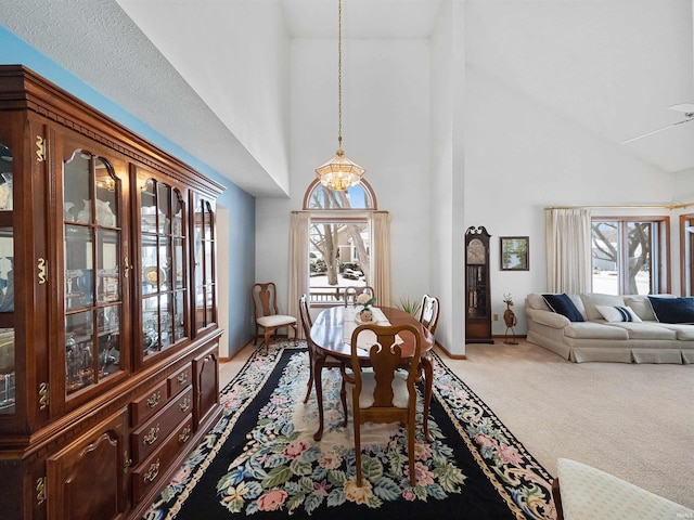 dining room featuring high vaulted ceiling and carpet floors