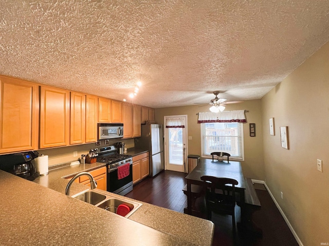 kitchen with ceiling fan, sink, appliances with stainless steel finishes, a textured ceiling, and dark hardwood / wood-style flooring