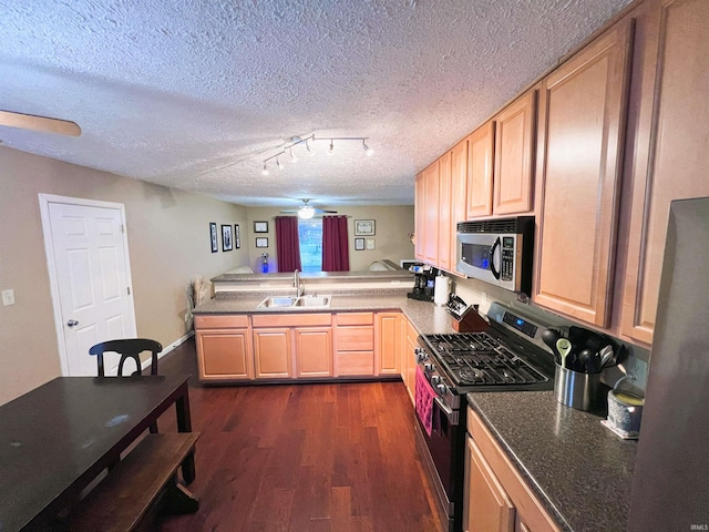 kitchen with dark wood-type flooring, light brown cabinets, stainless steel appliances, sink, and kitchen peninsula