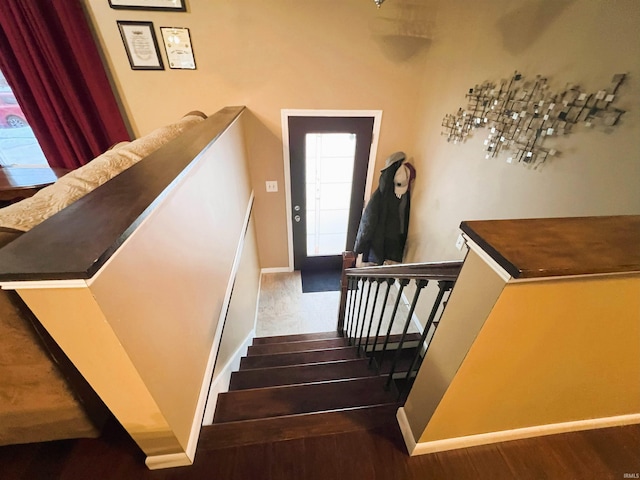 stairs featuring hardwood / wood-style floors