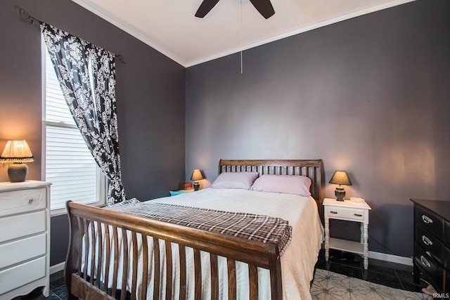 bedroom with ceiling fan and crown molding