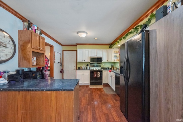 kitchen with kitchen peninsula, dark wood-type flooring, ornamental molding, white cabinets, and black appliances