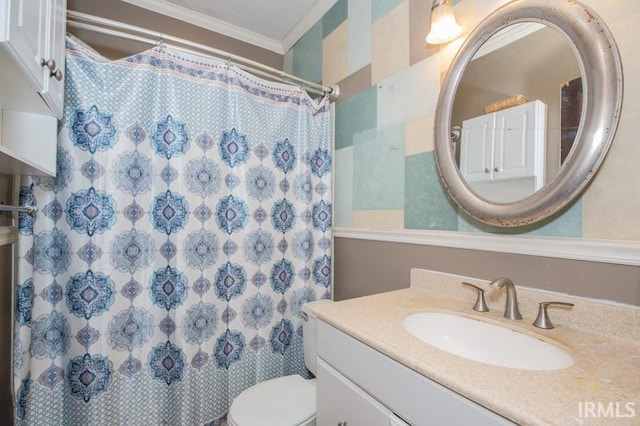 bathroom featuring toilet, vanity, crown molding, and walk in shower