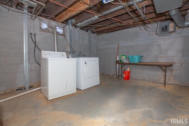 basement featuring electric panel and washer and clothes dryer