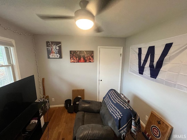 living room featuring hardwood / wood-style flooring and ceiling fan