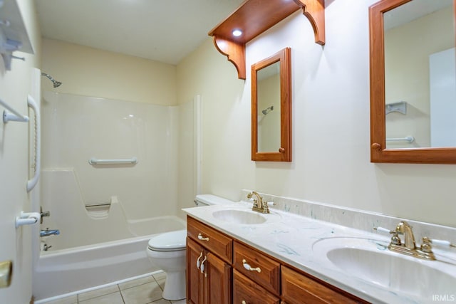 full bathroom featuring toilet, tile patterned flooring, shower / bathtub combination, and vanity