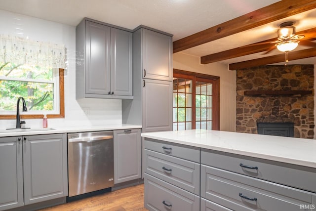 kitchen featuring stainless steel dishwasher, a healthy amount of sunlight, sink, and gray cabinetry