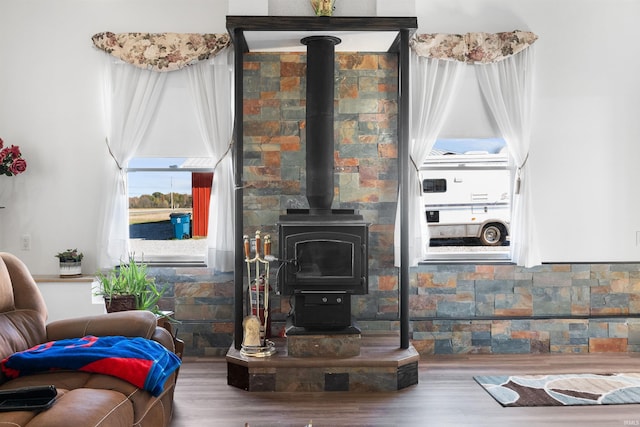living room with a wood stove and wood-type flooring