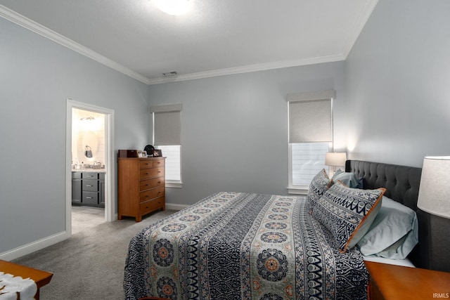 carpeted bedroom featuring ensuite bathroom and ornamental molding