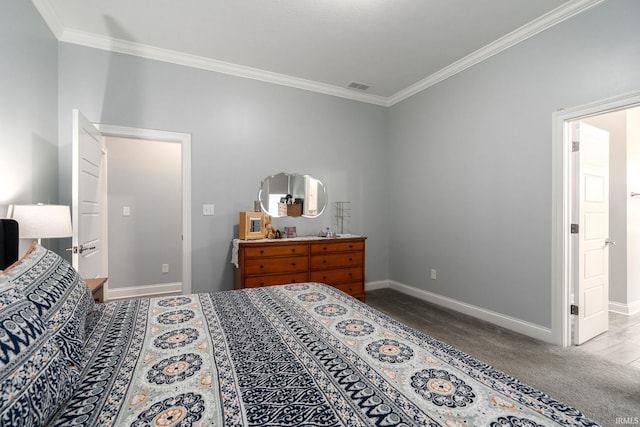 bedroom featuring carpet floors and crown molding