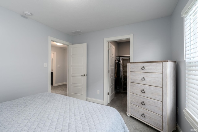 bedroom with dark carpet, a closet, and a walk in closet