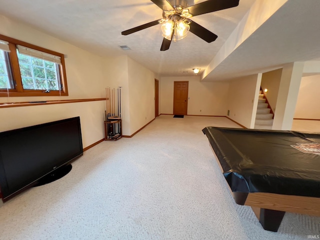 recreation room featuring ceiling fan and pool table