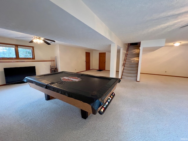 rec room featuring ceiling fan, a textured ceiling, billiards, and carpet floors