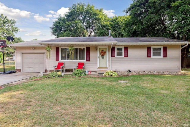 single story home featuring a garage and a front lawn