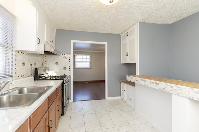 kitchen with stainless steel gas range, white cabinetry, decorative backsplash, and sink