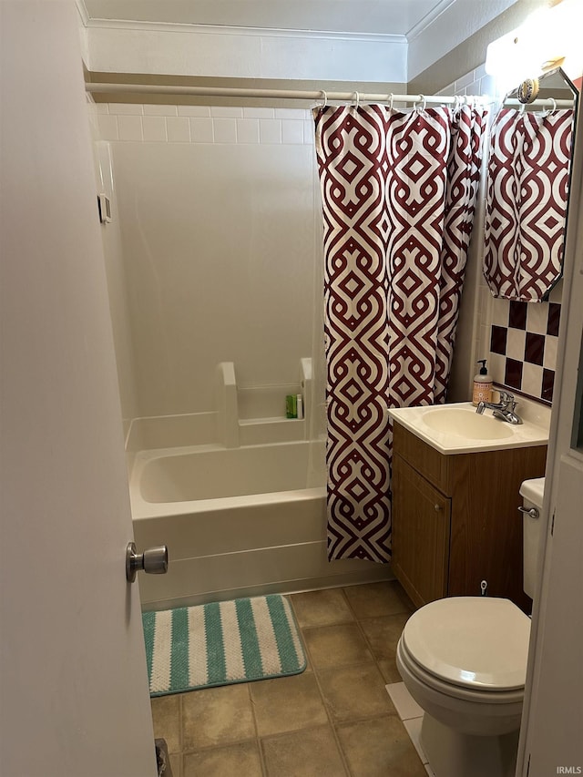 full bathroom featuring toilet, ornamental molding, shower / bathtub combination with curtain, and vanity