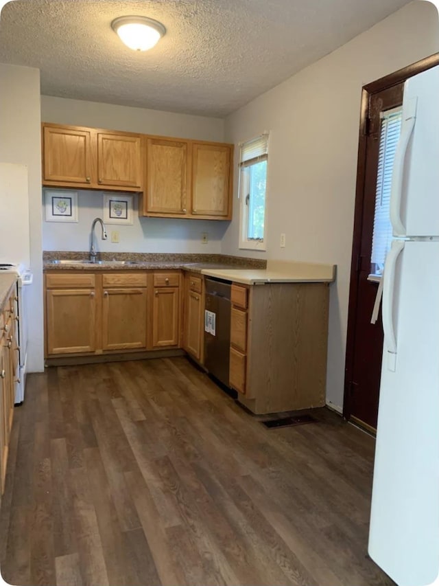 kitchen featuring dark wood-type flooring, sink, white appliances, and a textured ceiling