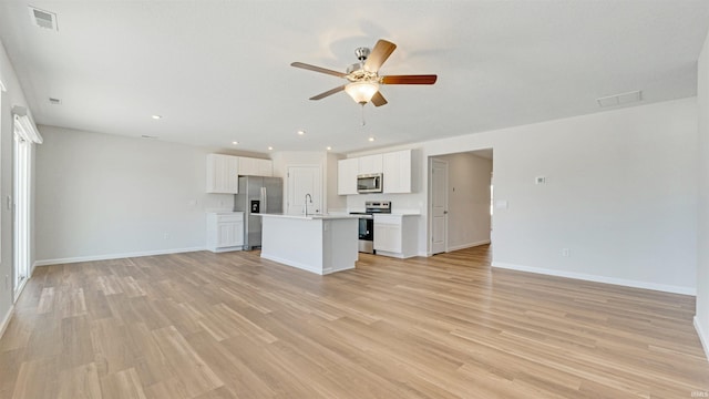 unfurnished living room featuring ceiling fan, sink, and light hardwood / wood-style floors