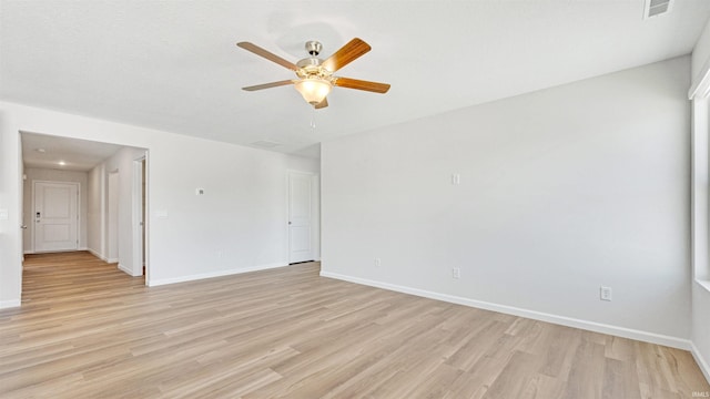 spare room featuring ceiling fan and light hardwood / wood-style flooring