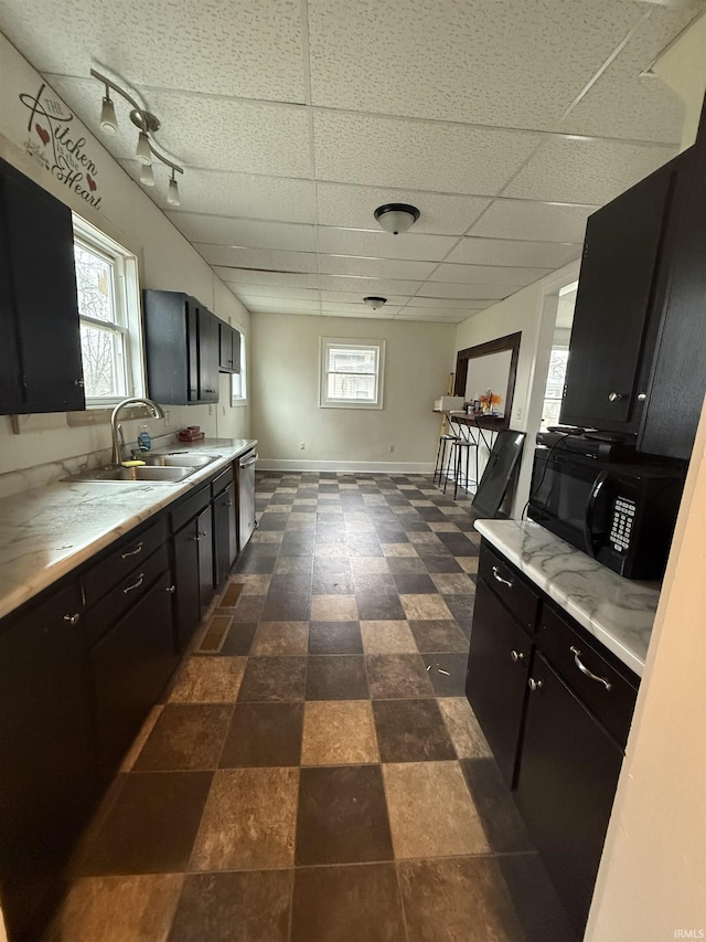 kitchen with dishwasher, a paneled ceiling, plenty of natural light, and sink