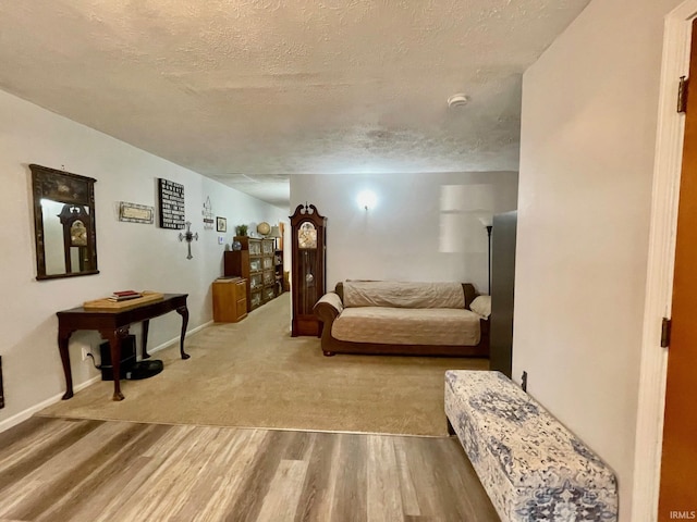 living room with a textured ceiling and hardwood / wood-style flooring