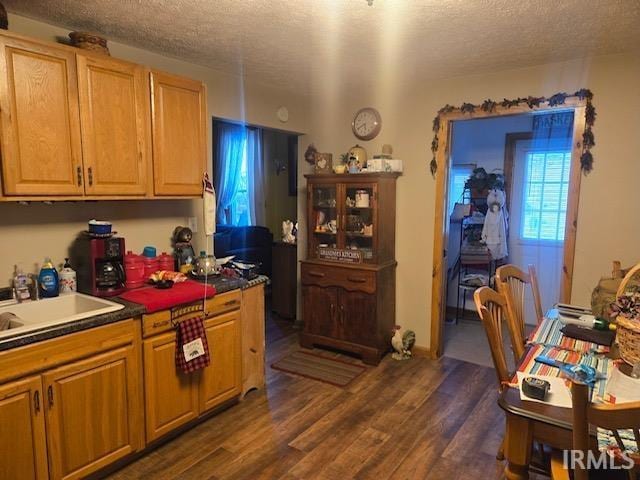 kitchen with dark hardwood / wood-style flooring, sink, and a textured ceiling