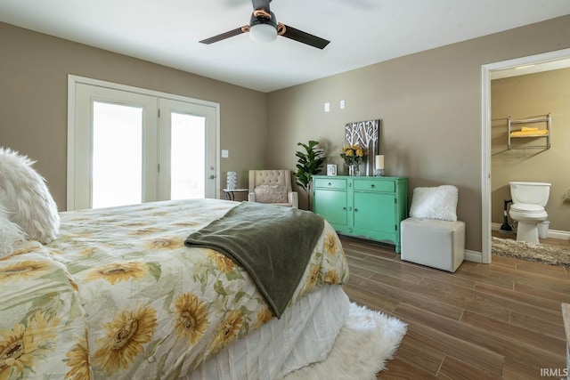 bedroom featuring a spacious closet, ceiling fan, and access to exterior