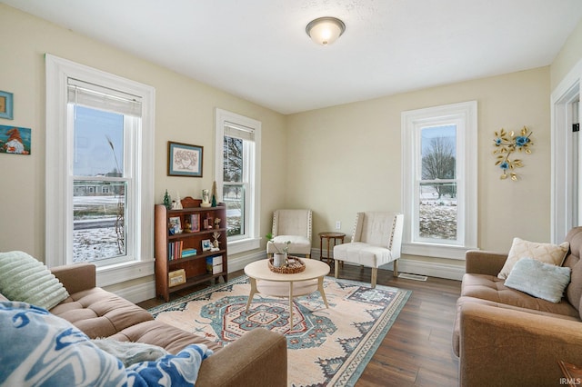 living room with dark hardwood / wood-style flooring