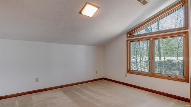 bonus room with lofted ceiling, light carpet, and a textured ceiling