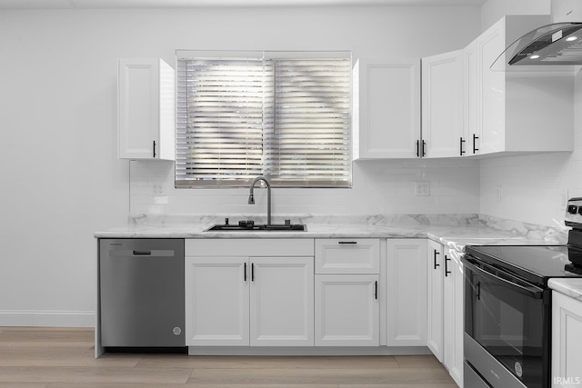 kitchen with white cabinetry, dishwashing machine, electric stove, wall chimney range hood, and sink