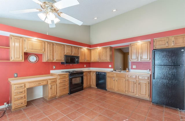 kitchen with black appliances, ceiling fan, sink, high vaulted ceiling, and light tile patterned floors