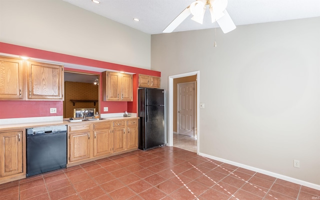 kitchen featuring black appliances, tile patterned flooring, sink, high vaulted ceiling, and ceiling fan