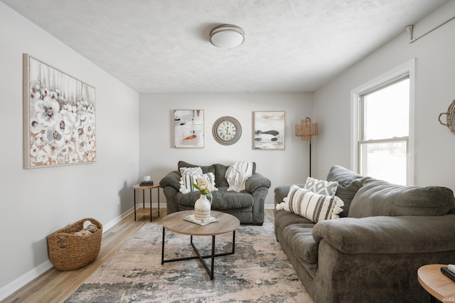 living room featuring light hardwood / wood-style floors and a textured ceiling