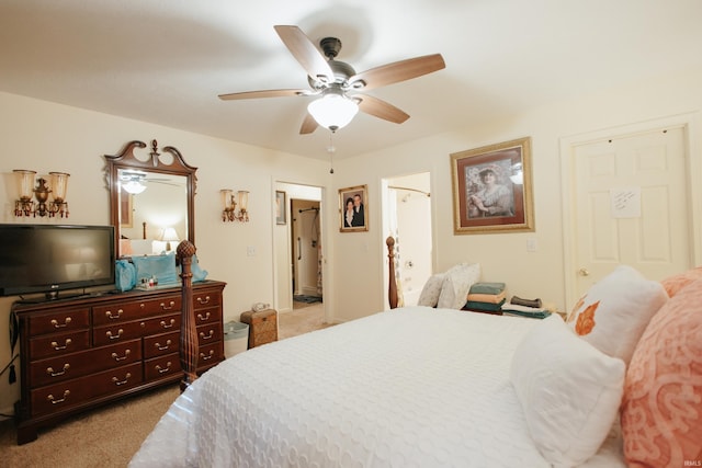 bedroom featuring ceiling fan and light colored carpet