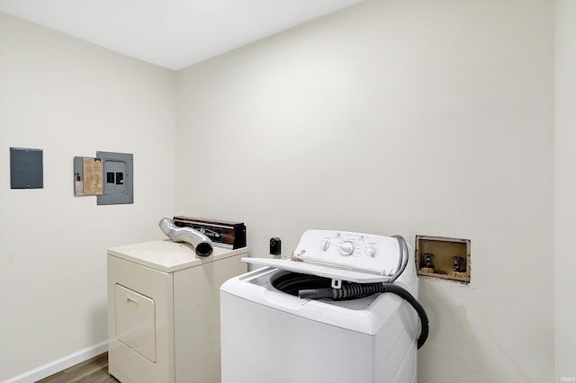 laundry room with wood-type flooring, hookup for a washing machine, and electric panel